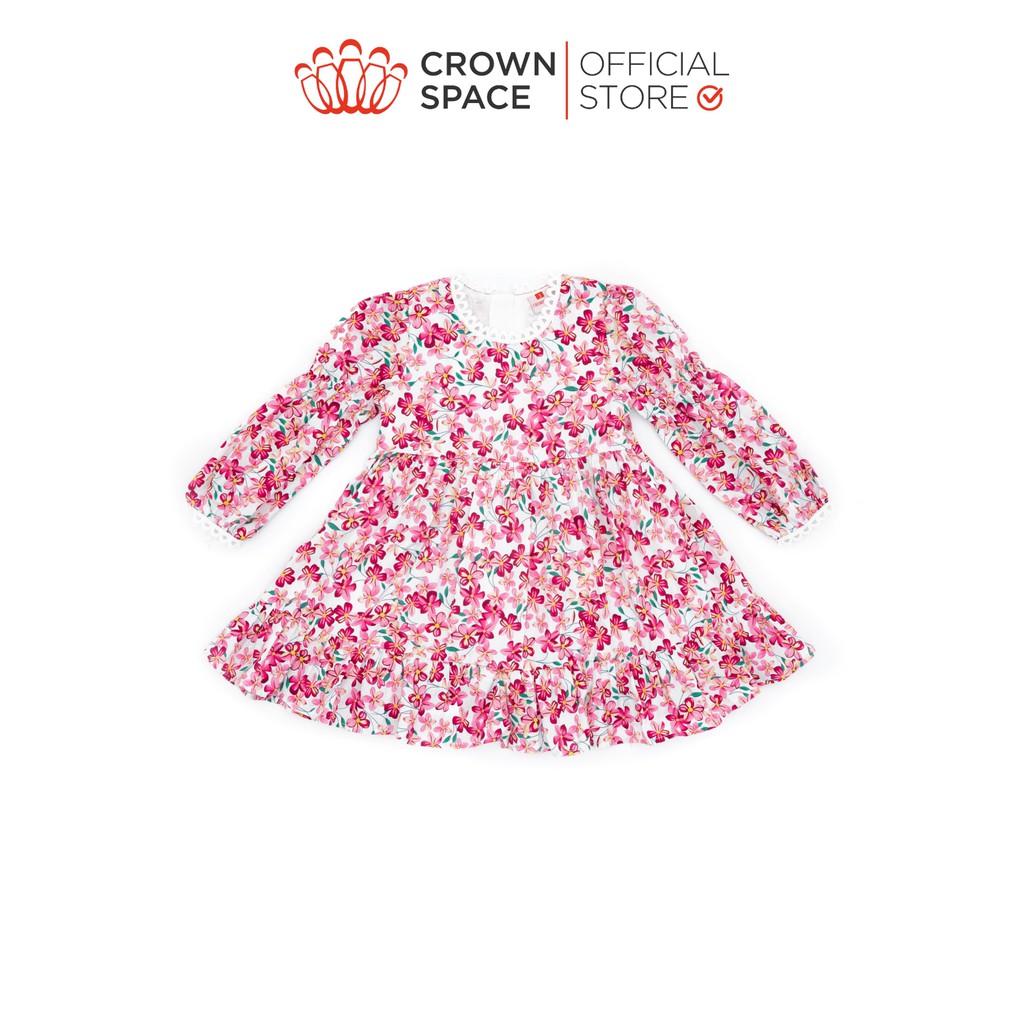 Váy Thu Đông Cao Cấp Crown Space Tay Dài Hai Lớp Dành Cho Bé Gái -Hồng Pastel Hoa Nhí Siêu Xinh CKGL2811501 Size 13-33kg