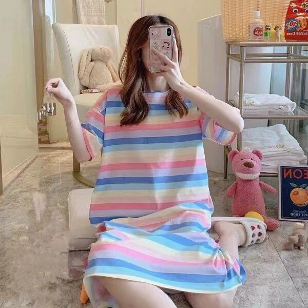Váy ngủ cộc tay dáng suông đầm ngủ cotton thoáng mát họa tiết dễ thương