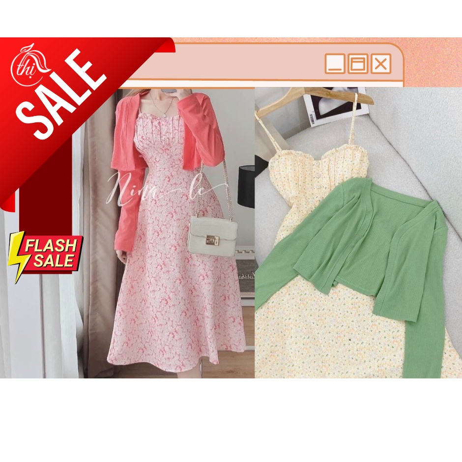 Váy hoa nhí, xếp ly ngực, set hai dây kèm áo khoác phong cách ulzzang Hàn Quốc
