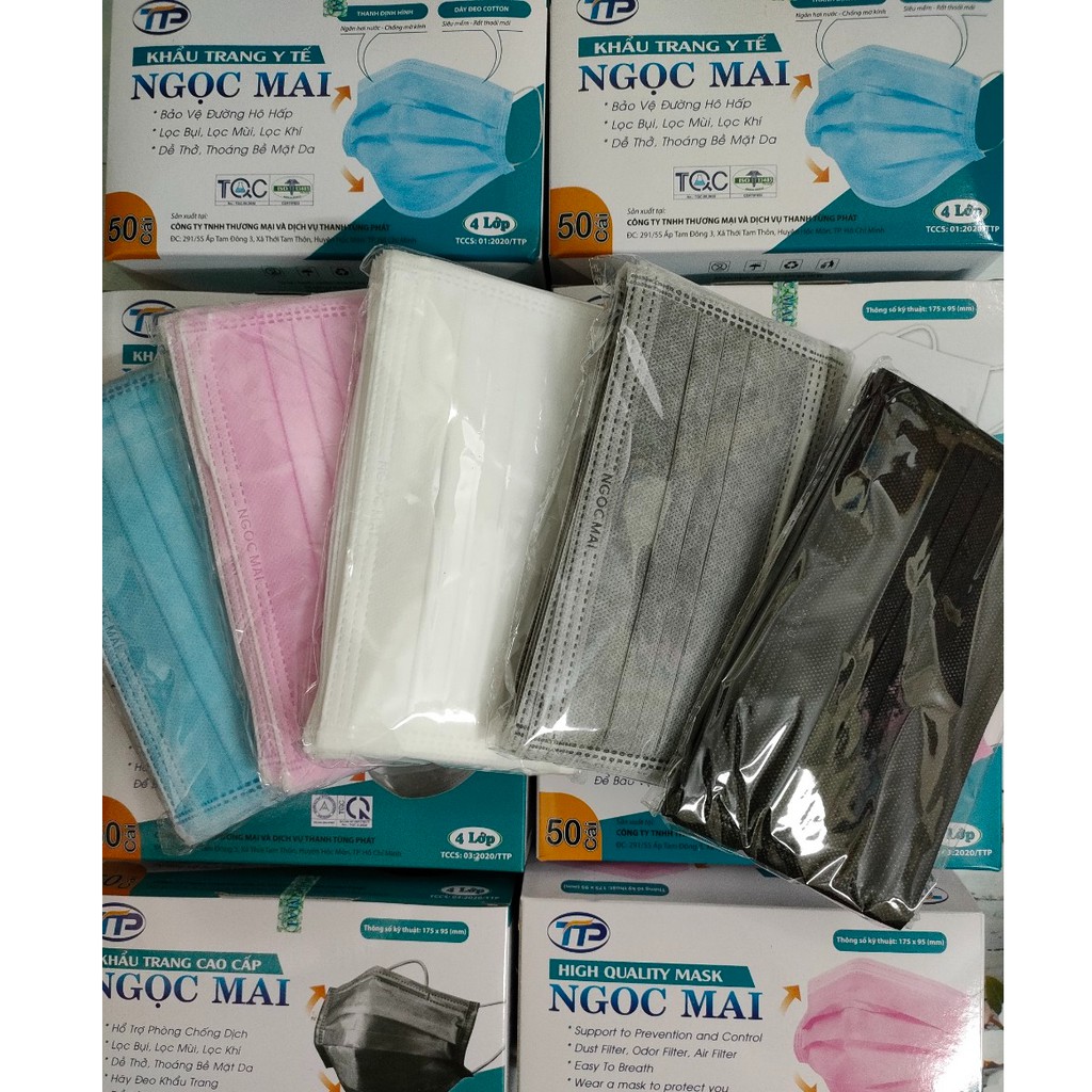 1 Thùng Khẩu Trang Y Tế Chất Lượng Cao 4 Lớp Ngọc Mai Màu Xám, Trắng, Xanh, Đen, Hồng