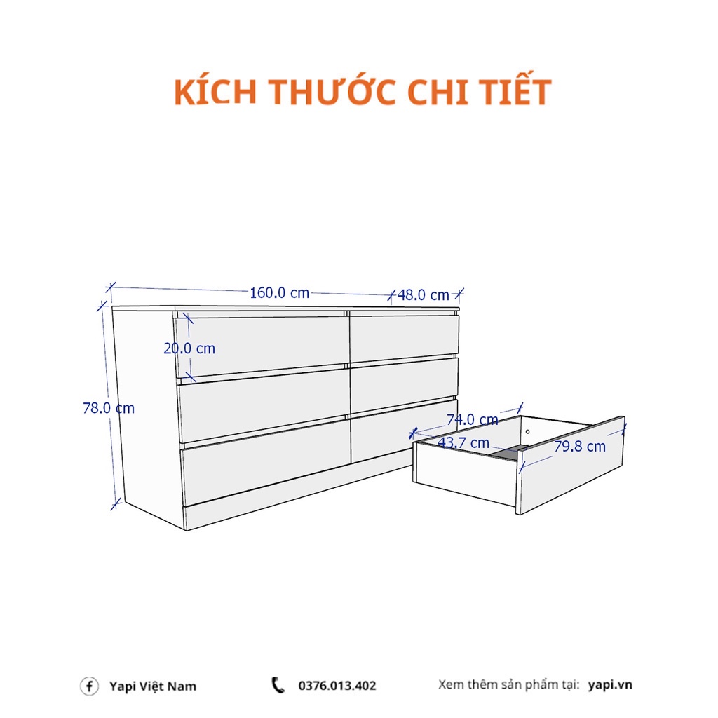 Tủ đựng đồ đa năng 3 tầng 6 ngăn kéo ĐÓNG SẴN phong cách hiện đại 160x48x78cm YAPI-107