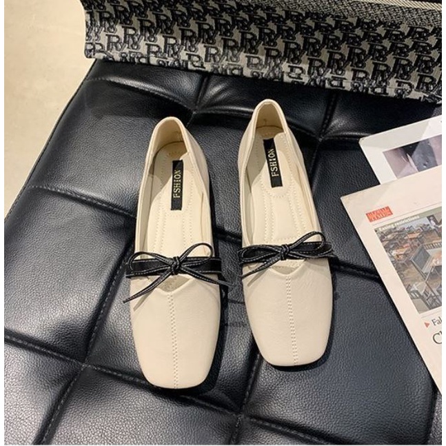 Giày bệt búp bê da mềm mũi vuông đế dẻo phối quai nơ giá rẻ xinh xắn cho nữ - GB42