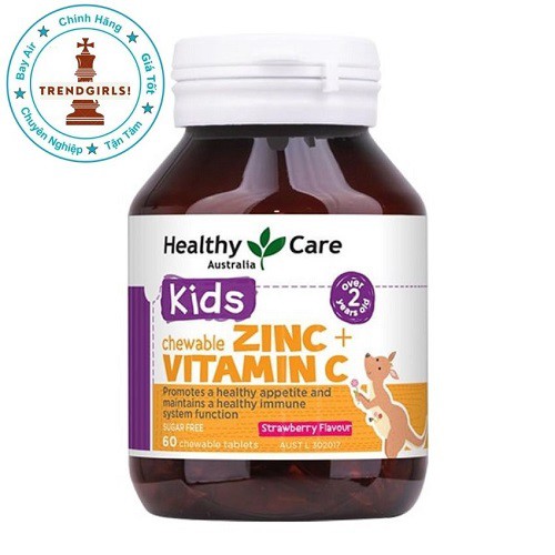 Viên nhai bố sung kẽm cho bé Healthy Care Zinc + Vitamin C 60 viên giúp trẻ tăng đề kháng hỗ trợ ăn ngon từ 2 -12 tuổi