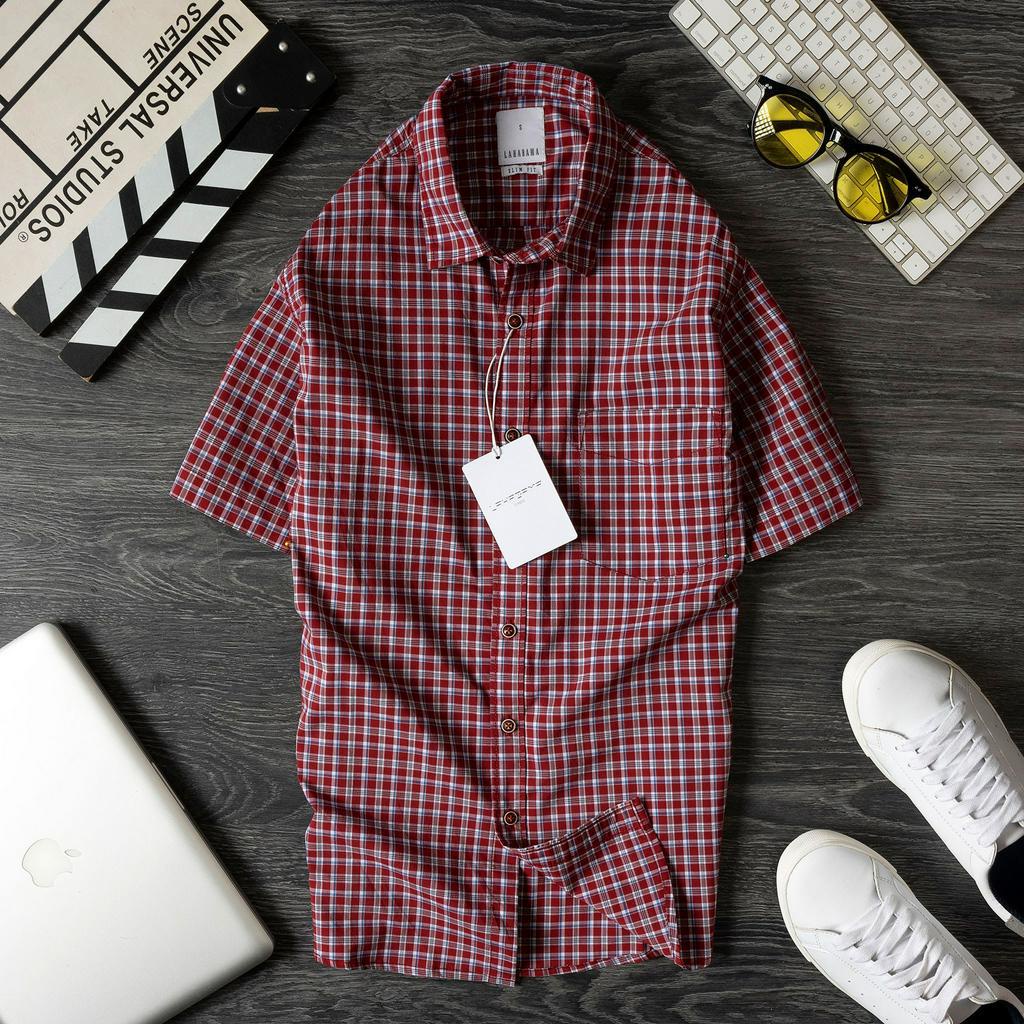 Áo Sơ Mi Nam Caro Có Túi Đỏ, Form suông, chất vải Cotton mềm mịn thoáng mát