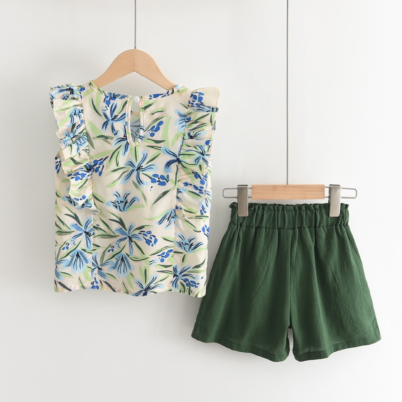 Set đồ BEAR LEADER áo sát nách in hình hoa lá + quần short vải lanh cotton màu xanh lá thời trang mùa hè cho bé gái