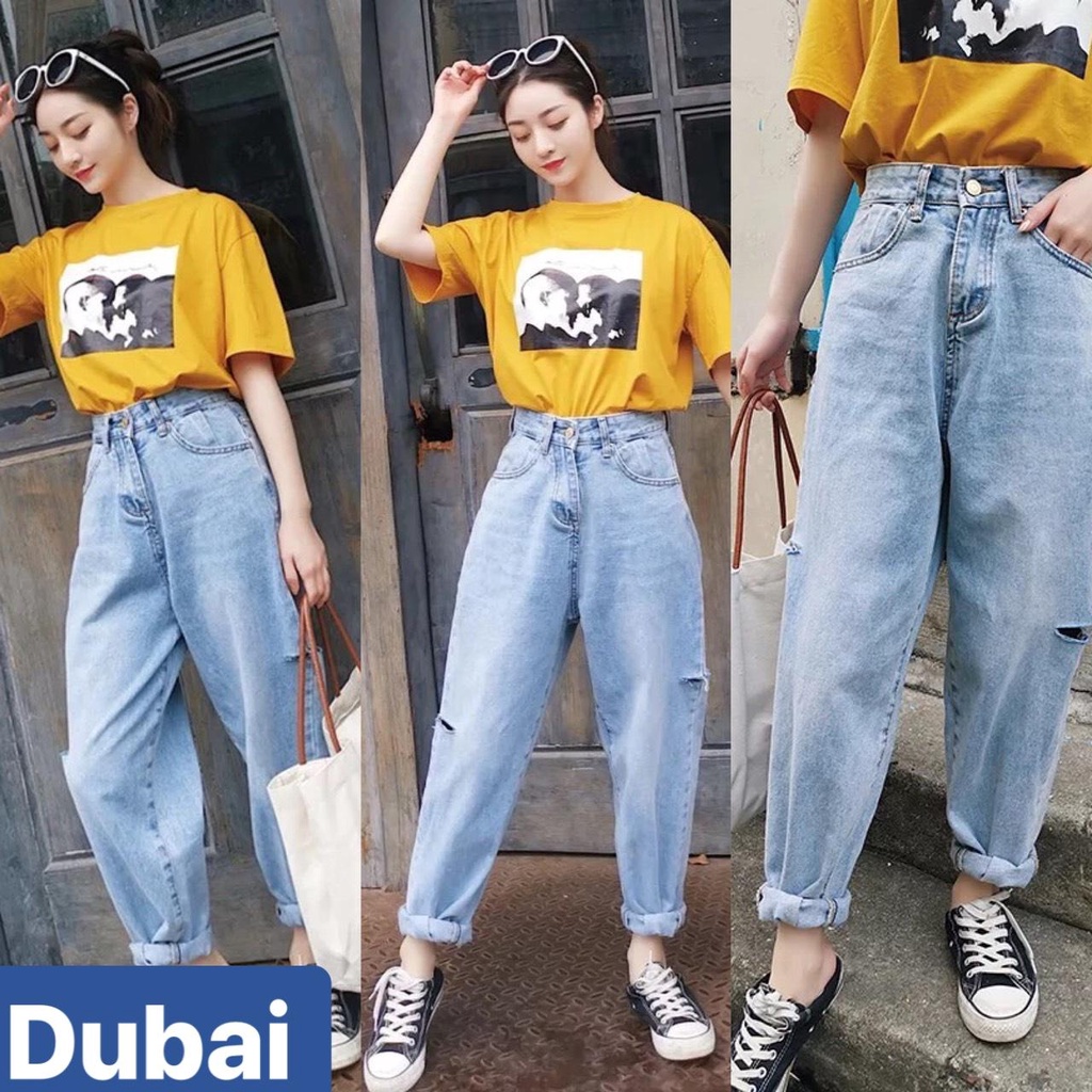 QUẦN JEAN BAGGY NỮ CHẤT BÒ XANH NHẠT RÁCH 2 BÊN NHẬT BẢN OSAKA LƯNG CAO NÂNG MÔNG DB-205,DUBAI FASHION