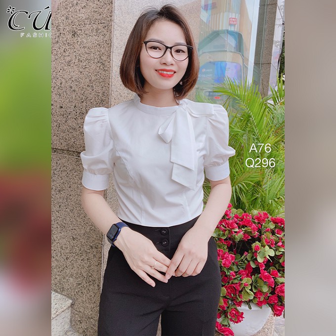 Áo sơ mi nữ công sở cao cấp đẹp Cúc Fashion A76 áo cổ tàu nơ cổ