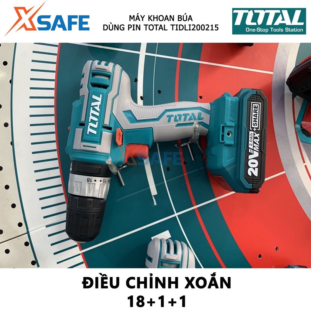 Máy khoan búa pin cầm tay 20V TOTAL TIDLI200215 nhông hai tốc độ 400-1500v/p, lực đập 22500v/p, kèm 2 pin 1 sạc - xsafe