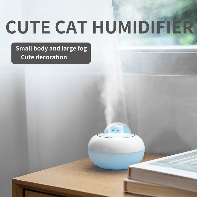 Máy phun sương tạo độ ẩm mini 320ml có đèn LED thiết kế mèo dễ thương nhiều màu tùy chọn