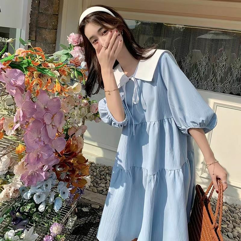 Váy babydoll thiết kế cổ sen thắt nơ dáng xoè, đầm suông dáng dài xếp ly cổ tim