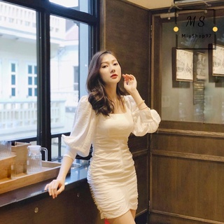 Đầm Cổ Vuông Tay Phồng Thân Nhún CHICO Vải Đũi Co Giãn (TRẮNG)