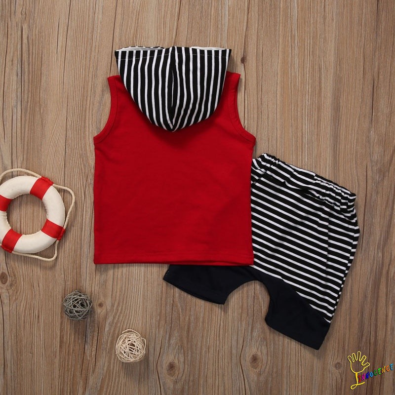 Set áo hoodie không tay + quần đùi họa tiết sọc đáng yêu cho bé trai