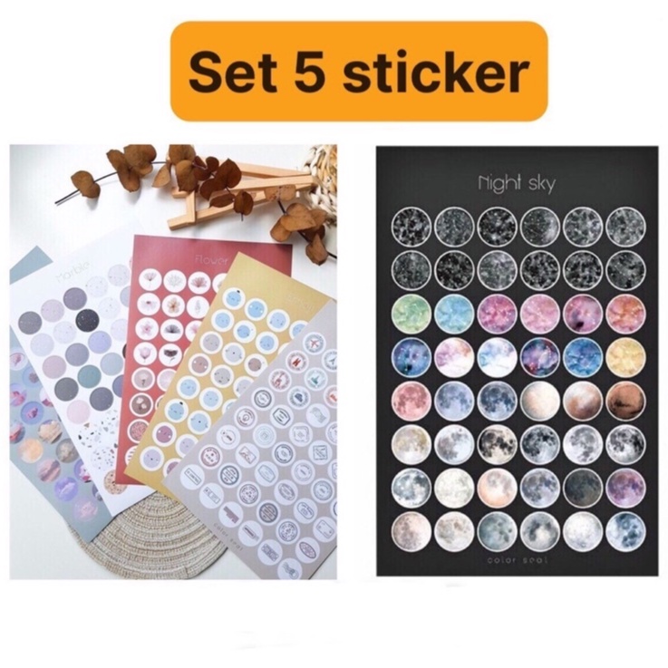 Set 5 sticker hình tròn miếng dán chấm round sticker nhãn dán tròn hoa bầu trời galaxy emoji trang trí sổ tay, thiệp DIY