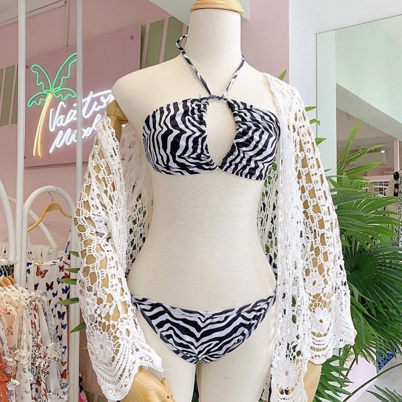 Bikini 2 mảnh cạp thấp sexy LILY vằn đen trắng buộc dây siêu đẹp