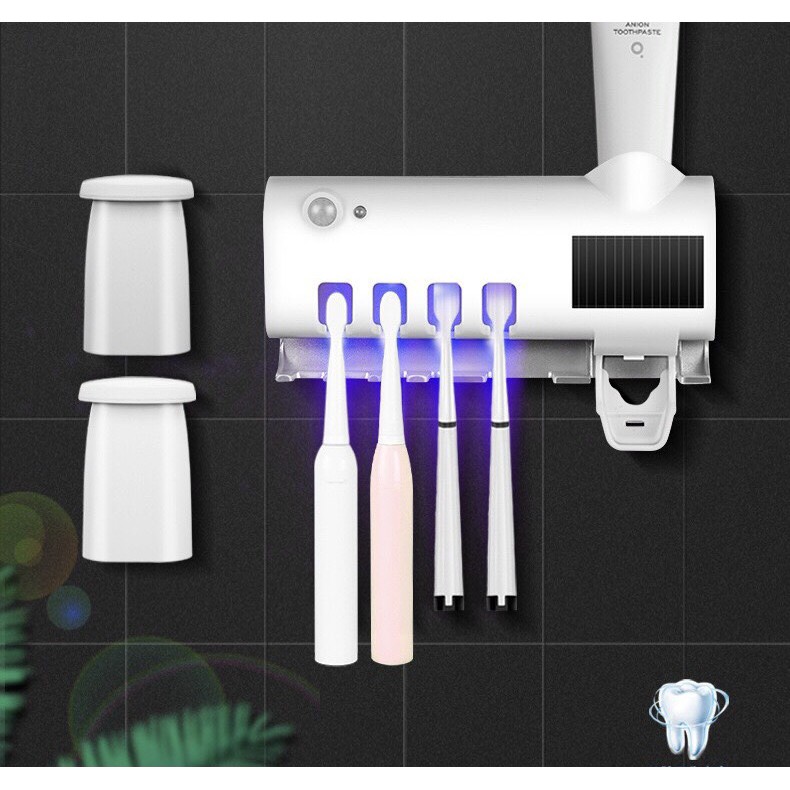 Bộ Nhả Kem Đánh Răng Tự Động, Kệ Để Đồ Phòng Tắm Cao Cấp khử khuẩn tia UV công nghệ cao Châu Âu ( Tặng Kèm Miếng Dán )