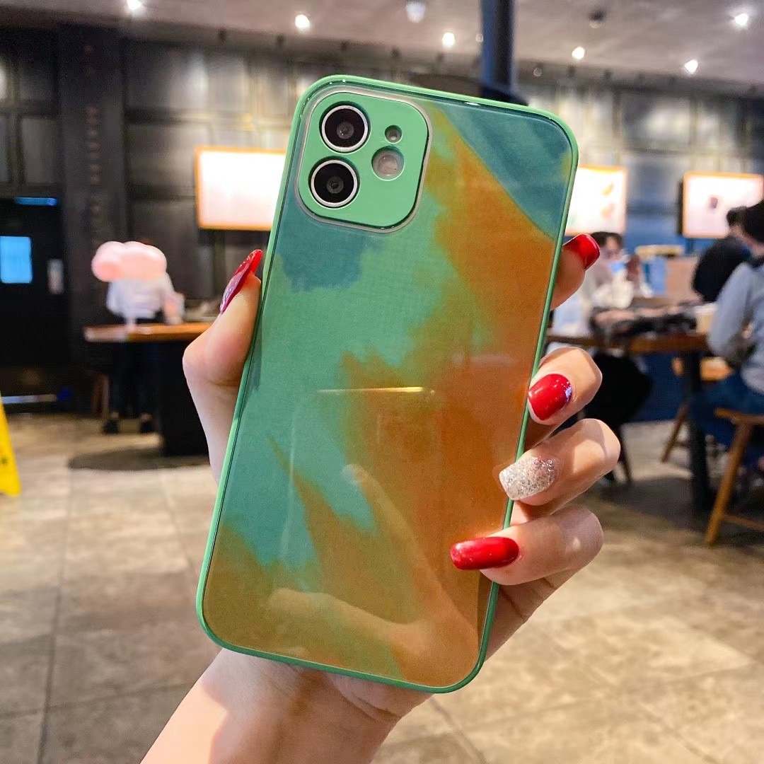 Ốp lưng bằng kính màu gradient sang trọng có vỏ silicone bảo vệ ống kính dùng cho iPhone 12 11 Pro 7 8 Plus X XR XS