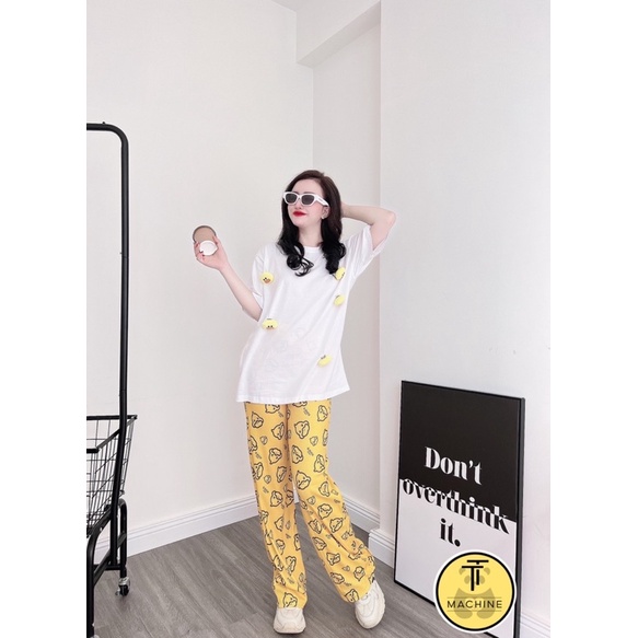 Set áo thun cotton vịt đính quần suông gân xinh xắn