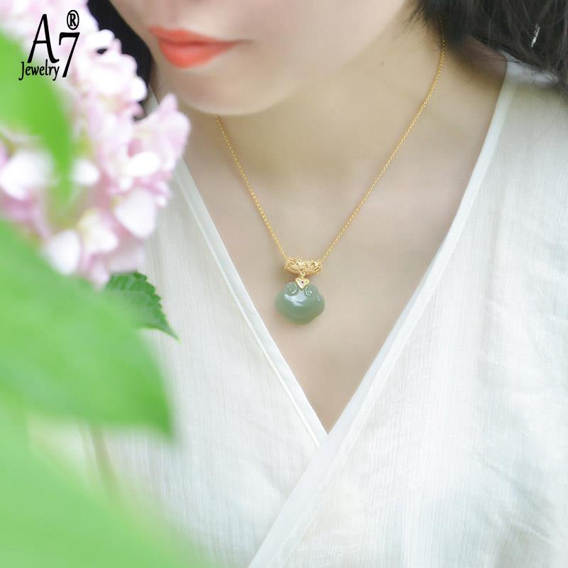 Vòng cổ Bạc S925 Mặt Đá Ngọc Bích Hình Đám Mây Phong Cách Retro Nghệ Thuật Cho Nữ