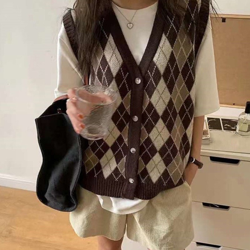 Áo Sweater Dệt Kim Sát Nách Kẻ Sọc Ca Rô Đính Nút Thời Trang Mùa Thu Cho Nữ Dễ Phối Đồ