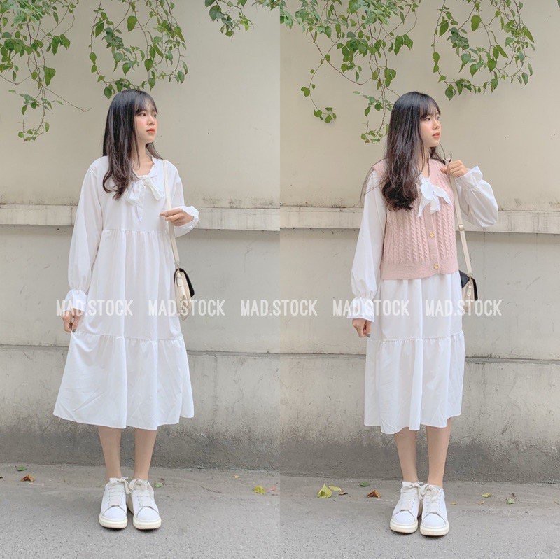 Váy trắng dài cổ nơ trắng 2 tầng, váy babydoll trắng | BigBuy360 - bigbuy360.vn