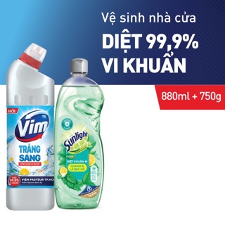 Combo Gel tẩy bồn cầu nhà tắm VIM trắng sáng chanh sả (880ml)+ Nước rửa chén SUNLIGHT chanh bạc hà (750g)
