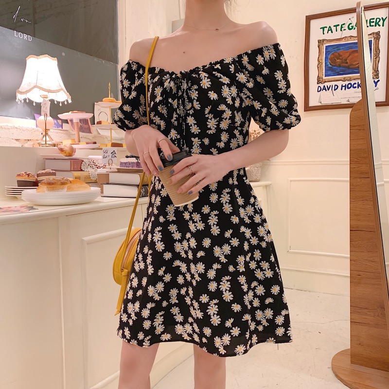 Đầm Ngắn Tay Trễ Vai In Họa Tiết Hoa Cúc Trang Nhã Dành Cho Nữ