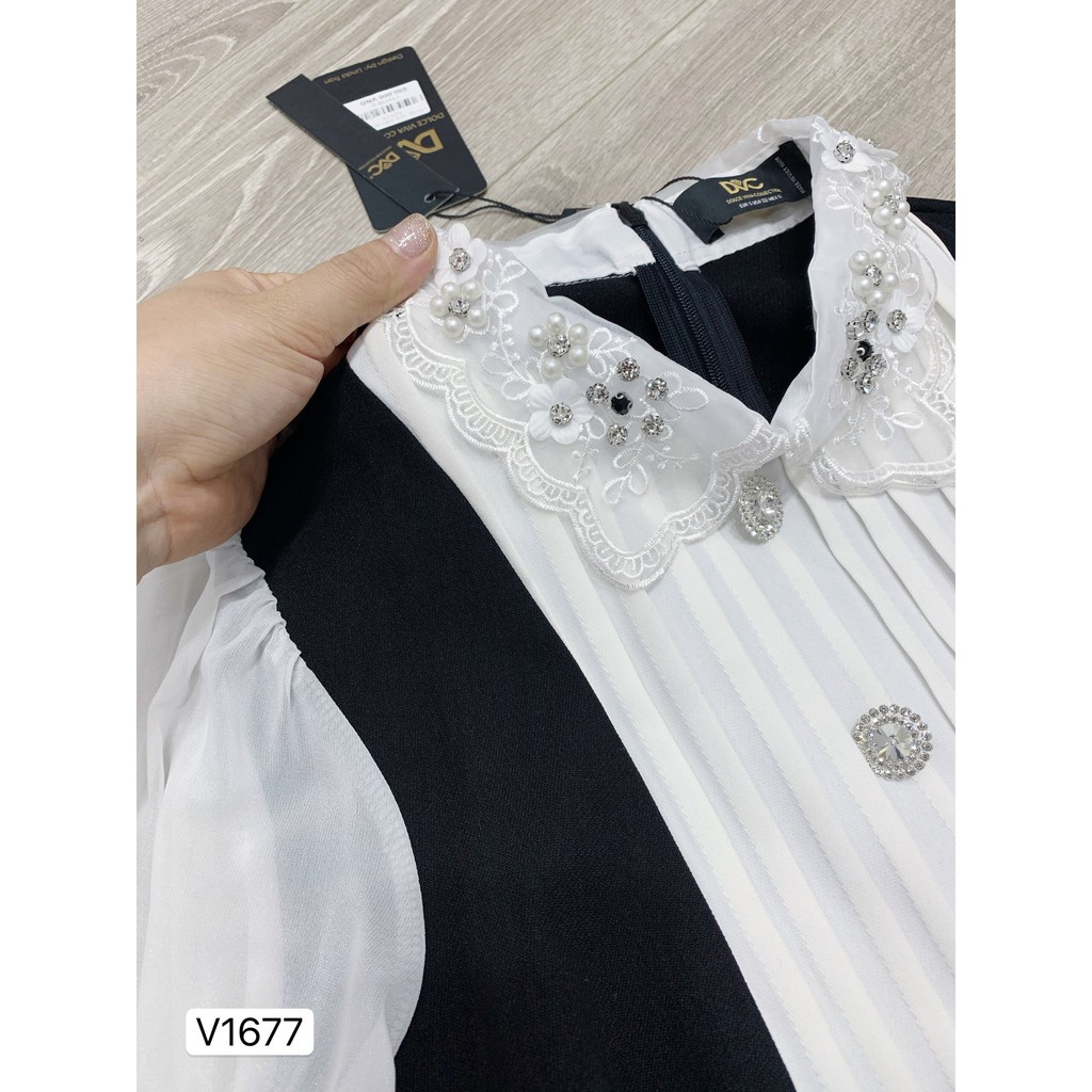Váy đen xòe tay phối trắng V1677 - Đẹp Shop DVC (Kèm ảnh thật trải sàn do shop tự chụp)