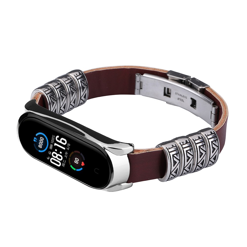 Dây Đeo Thay Thế Chất Liệu Da Khung Kim Loại In Nổi Họa Tiết Cổ Điển Cho Xiaomi mi band 7 6 5 NFC mi band 4 / 3
