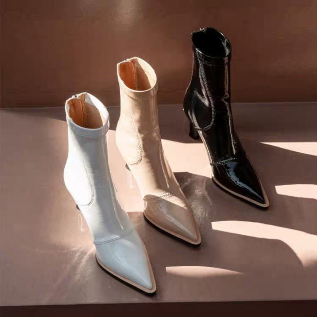 Boot da bóng cổ ngắn cao gót mũi nhọn phối viền sang chảnh phong cách châu âu trẻ trung cá tính. Hàng quảng châu GCC111