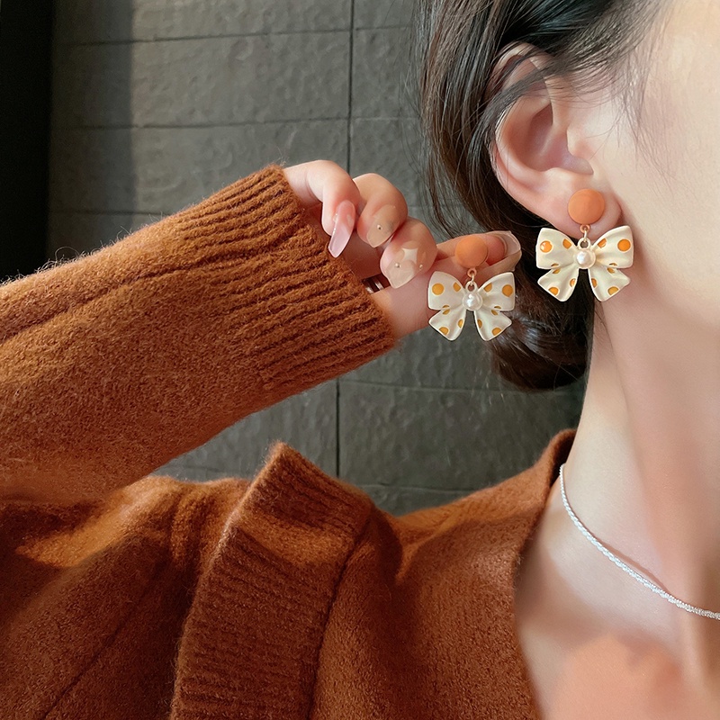 Bông Tai Hình Nơ Họa Tiết Chấm Bi Dễ Thương Phong Cách Hàn Quốc Cho Nữ