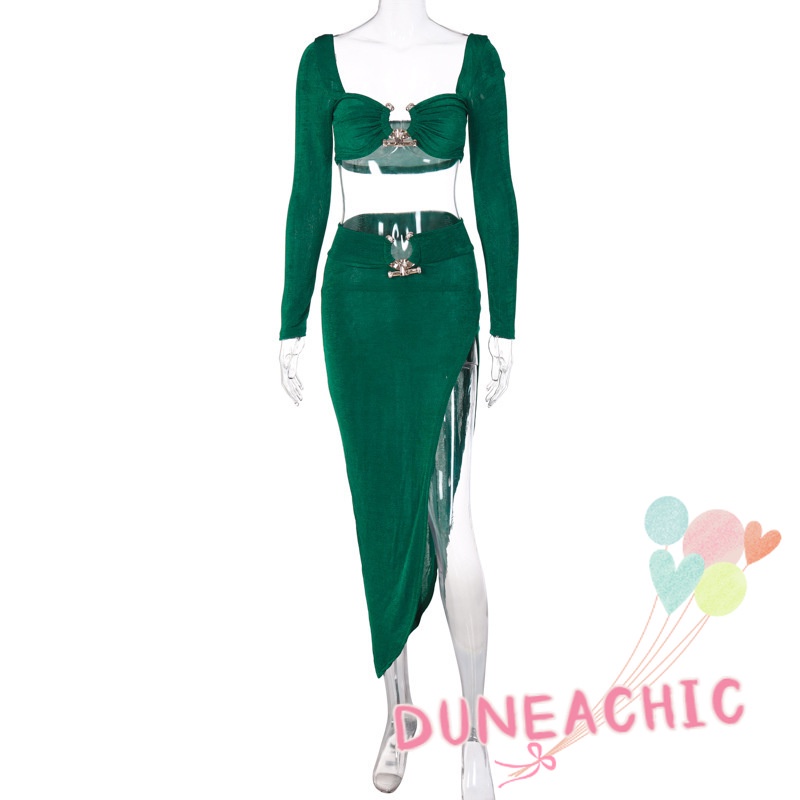 DUNEA Set áo croptop cổ vuông dài tay + chân váy xẻ tà phong cách quyến rũ cho nữ