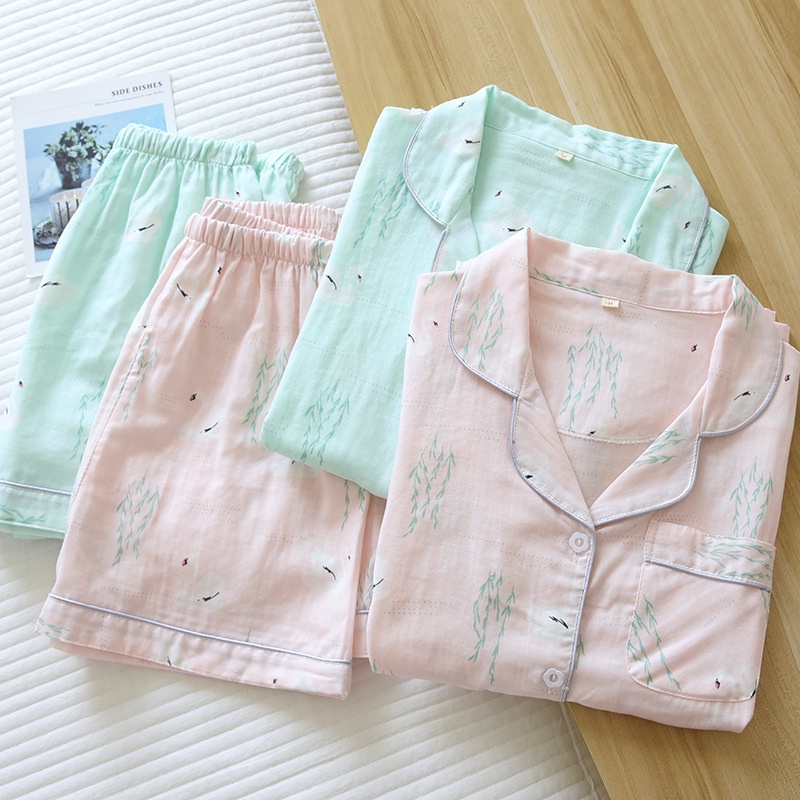 Bộ Đồ Ngủ Nữ Cotton Mát Mẻ Hạc Xanh ♥️ Đồ ngủ vải xô  IVY330
