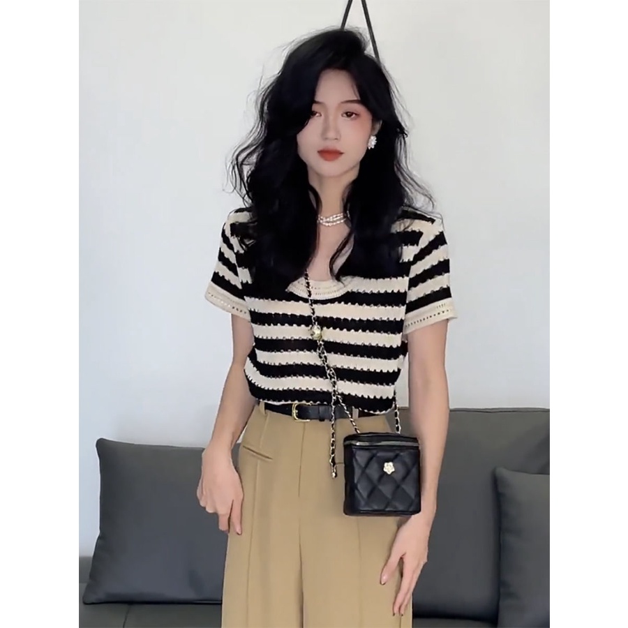 Áo Thun Dệt Kim Tay Ngắn Họa Tiết Sọc Thời Trang Hàn Quốc Chất Lượng Cao Cho Nữ