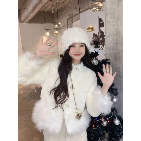 (SẴN) Áo bông viền lông hồng kem