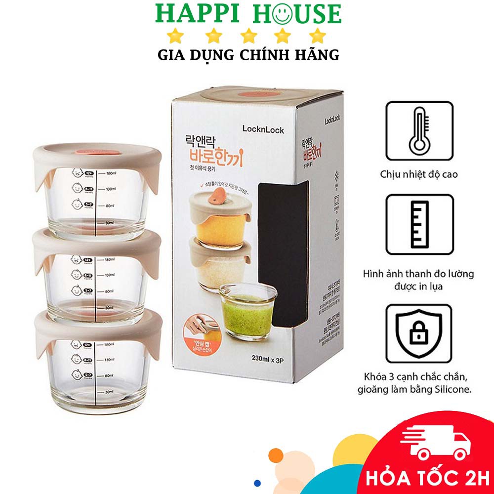 Bộ 3 hộp thủy tinh đựng thức ăn cho bé Lock&Lock có vạch chia 230ml x 3 hộp LLG508S3 - Hàng Chính Hãng - Happi House