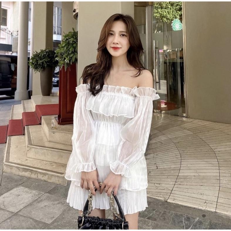 Váy trễ vai voan hoặc cổ vuông 2 lớp màu trắng basic dáng ngắn dài tay đầm tiểu thư bánh bèo siêu đẹp ulzzang freesize | BigBuy360 - bigbuy360.vn