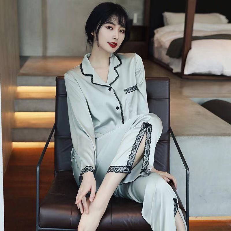Bộ đồ ngủ tay dài chất lụa dày dặn phong cách Hàn Quốc thời trang cho nữ
