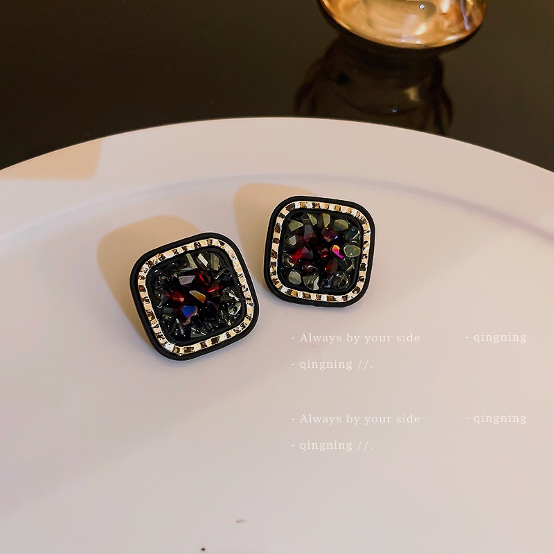 DREJEW Bông Tai Hình Vuông Màu Đen Đính Kim Cương Bạc Thời Trang Sang Trọng Cho Nữ