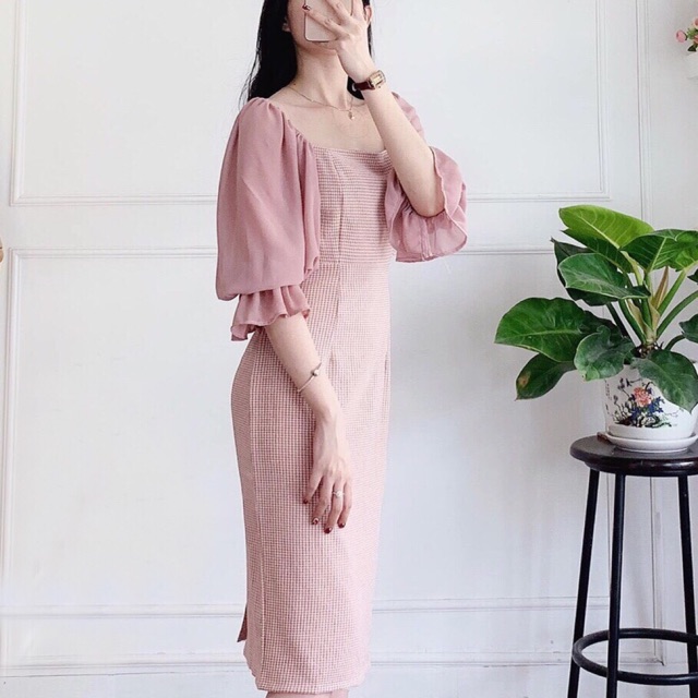 Đầm caro hồng phối tay voan hồng (kèm hình thật) | BigBuy360 - bigbuy360.vn