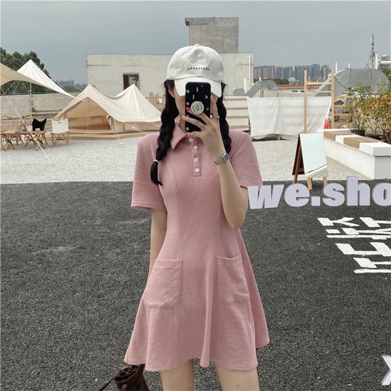 Váy, đầm polo trơn cổ sơ mi tay ngắn màu pastel