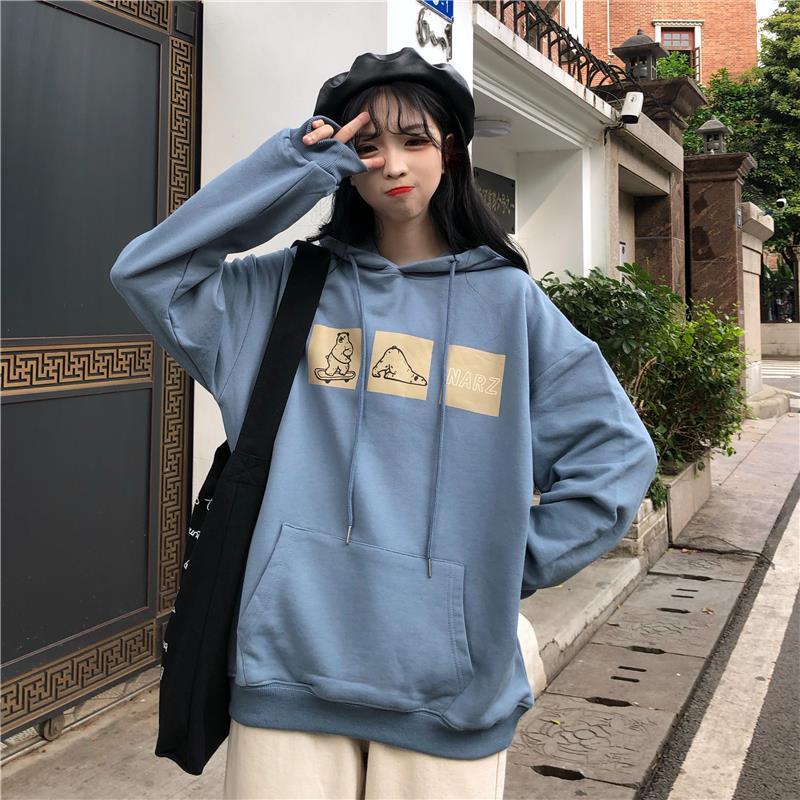 Áo hoodie form rộng in hình hoạt hình thời trang thu đông cho nữ