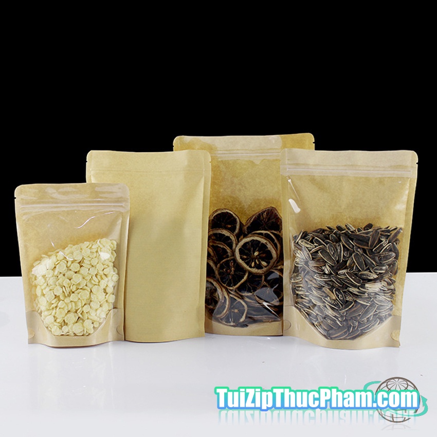 100 cái túi zipper size 09x14cm túi zip giấy kraft vàng 1 mặt trong suốt, túi zipper chất lượng cao, mẫu 04