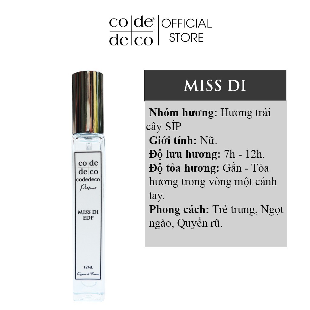 Tinh Dầu Nước Hoa Dạng Xịt Code Deco Miss Di 10ml, Trẻ Trung, Ngọt Ngào, Quyến Rũ, Size Bỏ Túi Tiện Lợi, Nhỏ Gọn