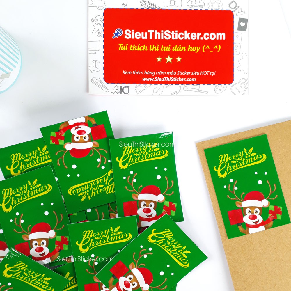 Tem giấy tuần lộc dán hộp quà Giáng sinh Noel hai màu Xanh lá/Đỏ MCTL02 trang trí dịp giáng sinh, niêm phong hộp quà