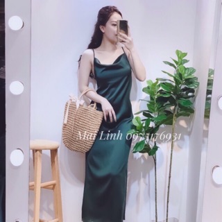 Váy lụa đẹp hai dây cổ đổ xanh lá cây đi biển