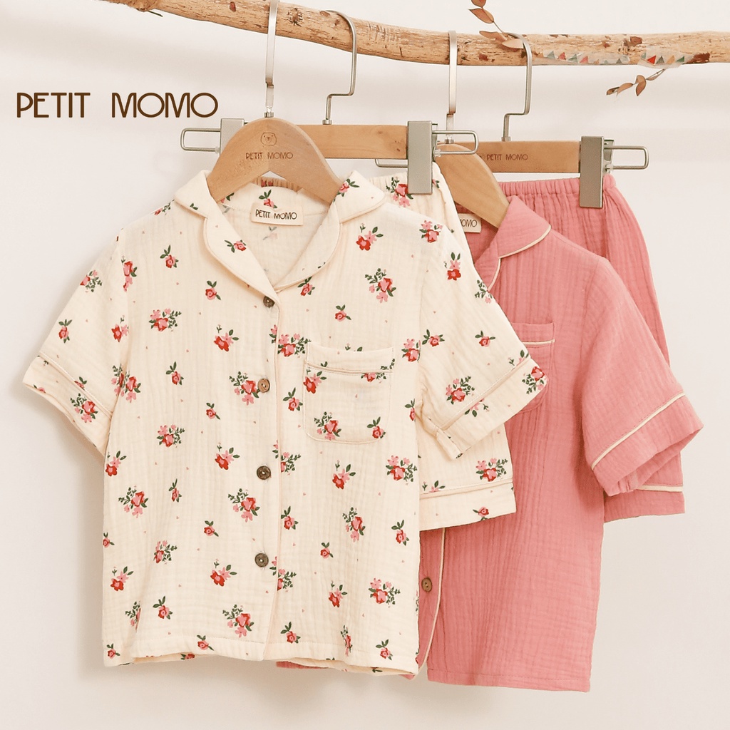 Bộ Pyjama Cho Bé Từ 16 Tuổi Ngắn Tay Họa Tiết Xinh Xắn PETIT MOMO Vải Muslin Cao Cấp H121