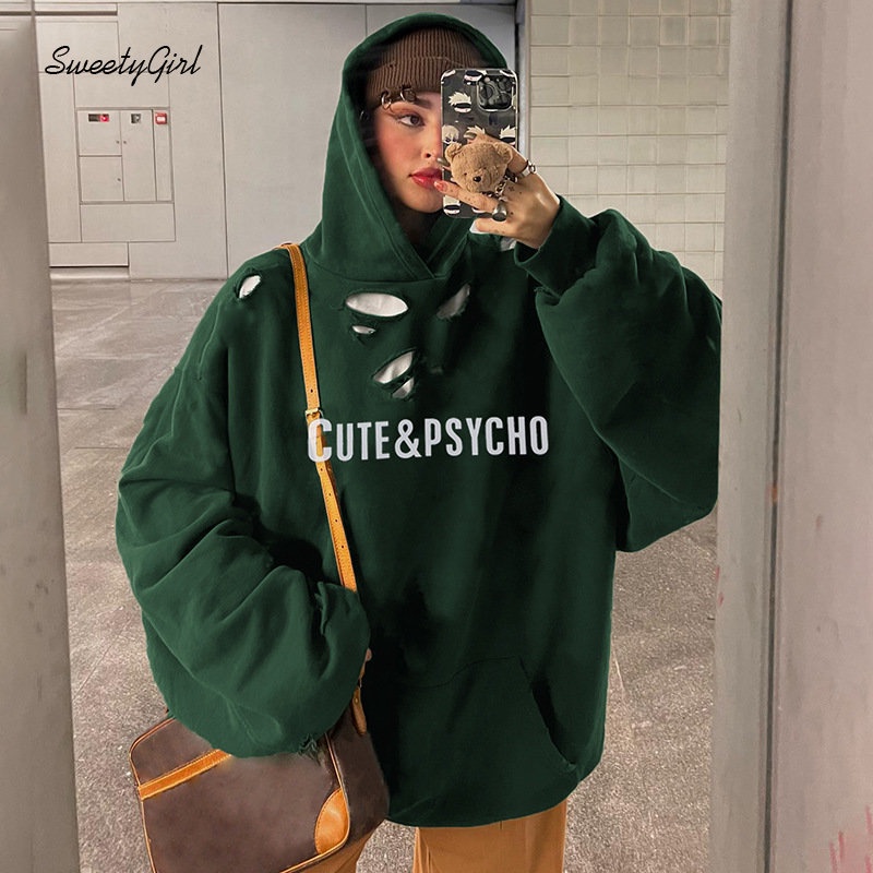 Áo Hoodie Dáng Rộng Tay Dài Khoét Lỗ In Chữ Màu Xanh Lá Thời Trang 2022 Cho Nữ