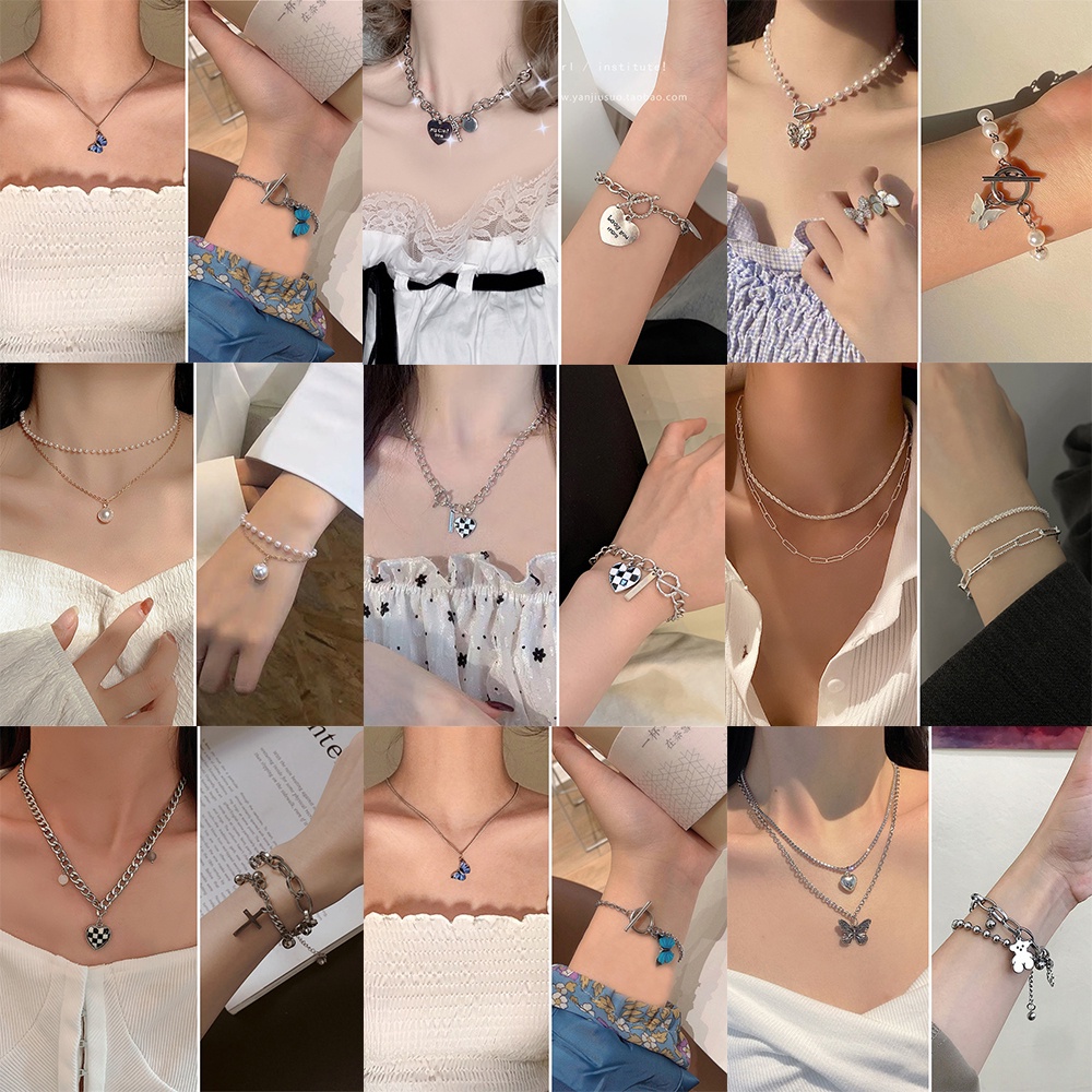 iF YOU Fashion Pearl Butterfly Necklace Bracelet Set Plaid Heart Pendant Necklace Gold Bracelet Women Jewelry Accessories