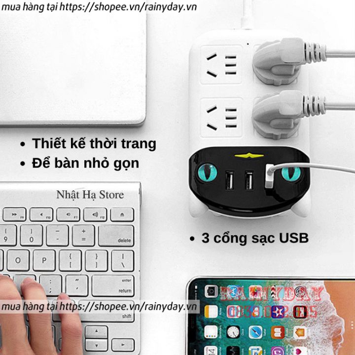 Ổ cắm điện đa năng hình mèo có 3 cổng USB và 4 chân cắm ổ điện chống giật thông minh dây dài