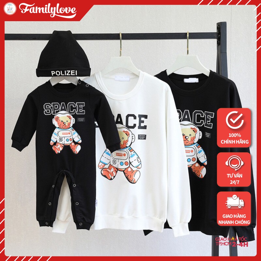 Áo Sweater Gia Đình Familylove - Mẫu Áo Gia Đình Họa Tiết Gấu Phi Hành Gia Space Đáng Yêu Chất Nỉ Da Cá Cotton 100%